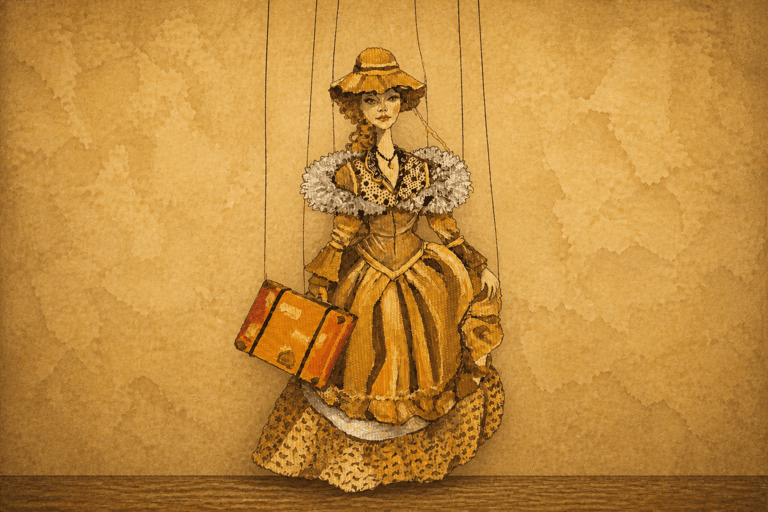 An ink-and-watercolor traveler marionette in a golden gown, holding a vintage suitcase against WarrenPeace's warm textured wall.
