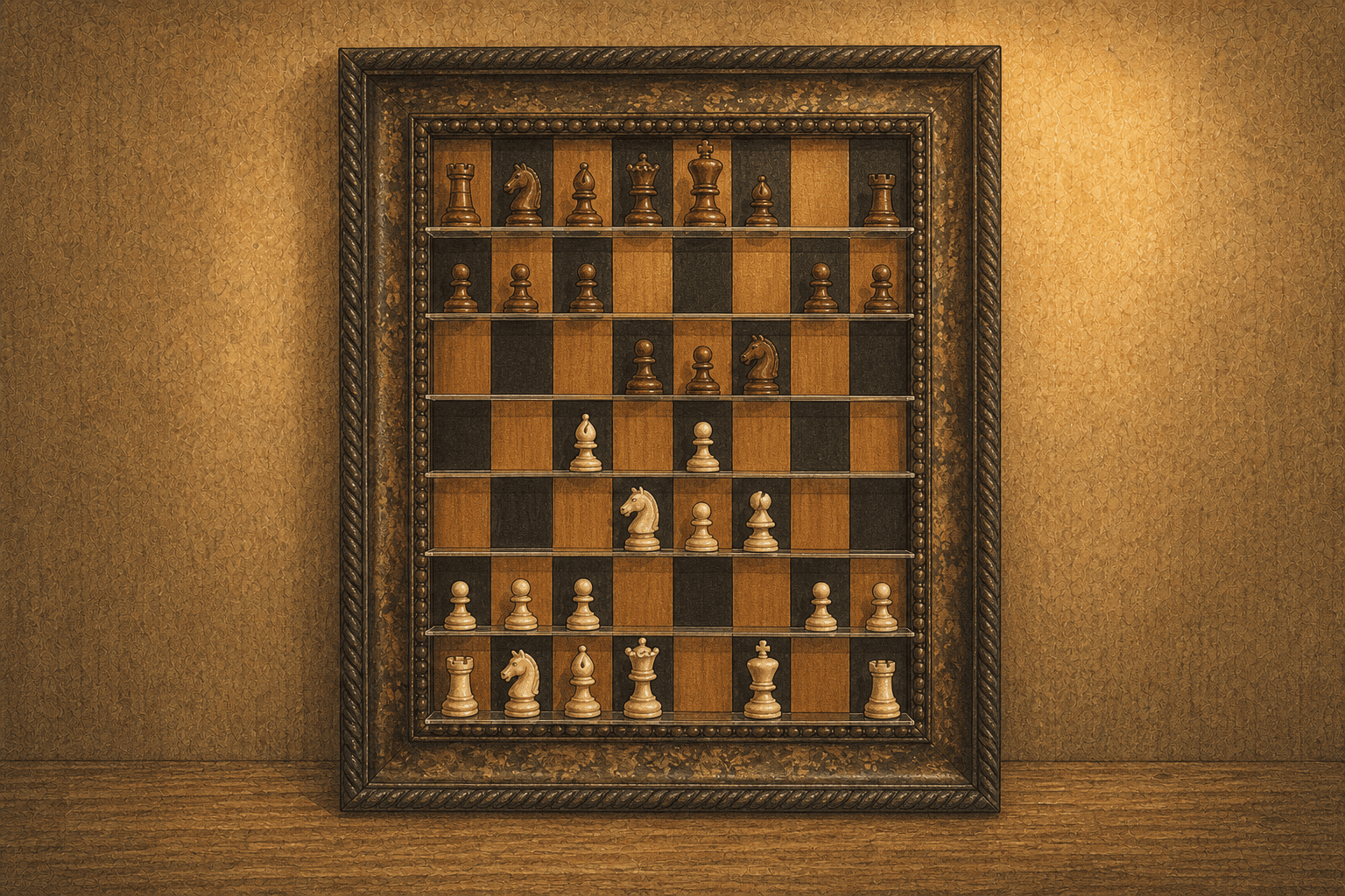 A watercolor illustration of a framed wall chessboard with ivory pieces advancing from below during a game.