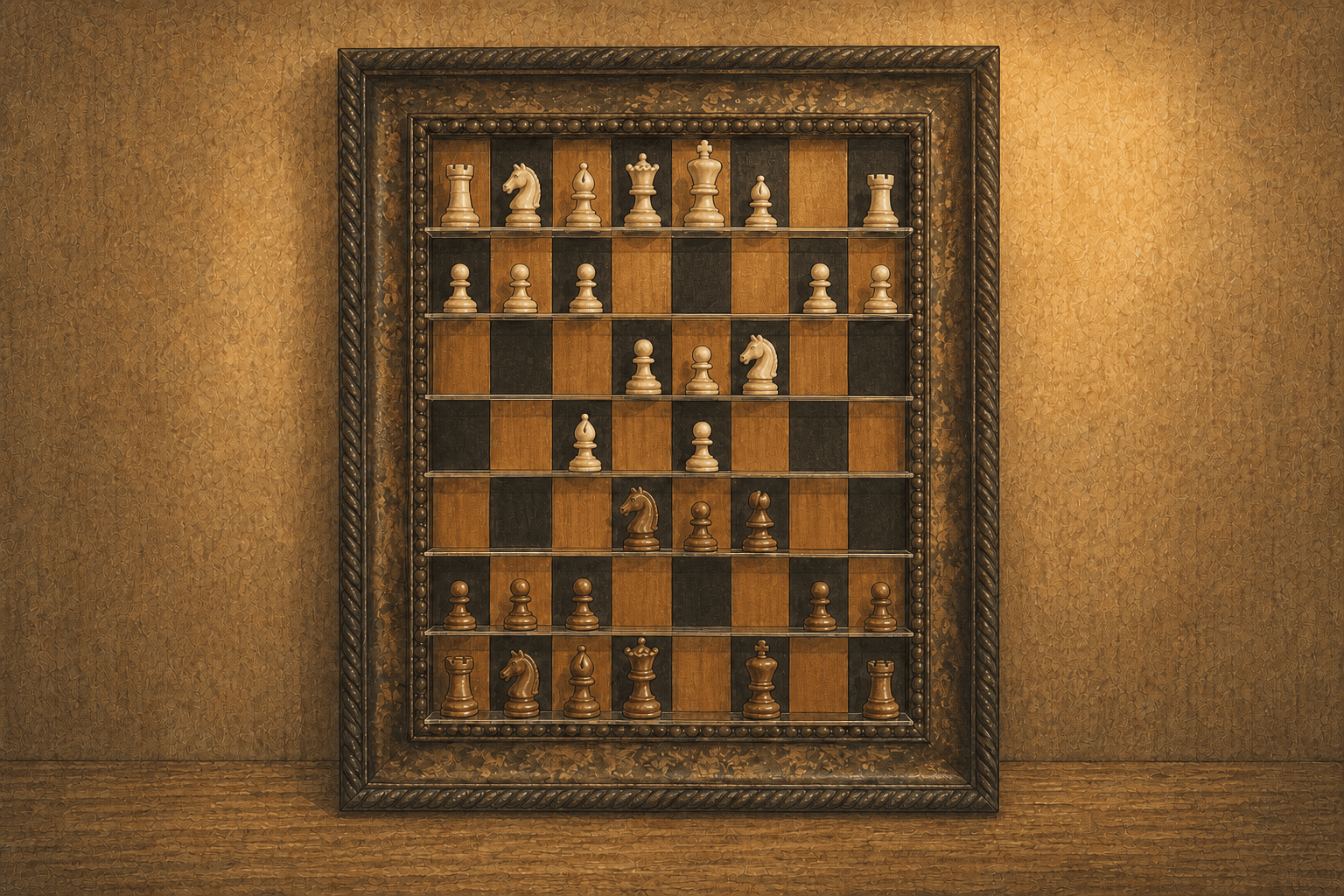 A watercolor illustration of the same framed wall chessboard with dark pieces advancing from below.