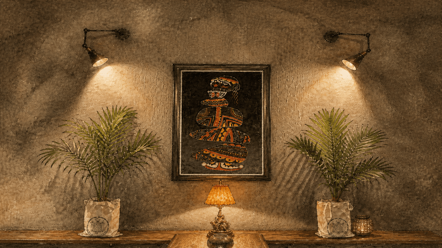 Ink-and-watercolor illustration of the WarrenPeace interior, with its framed muse, warm lamps, palms, and wooden table.