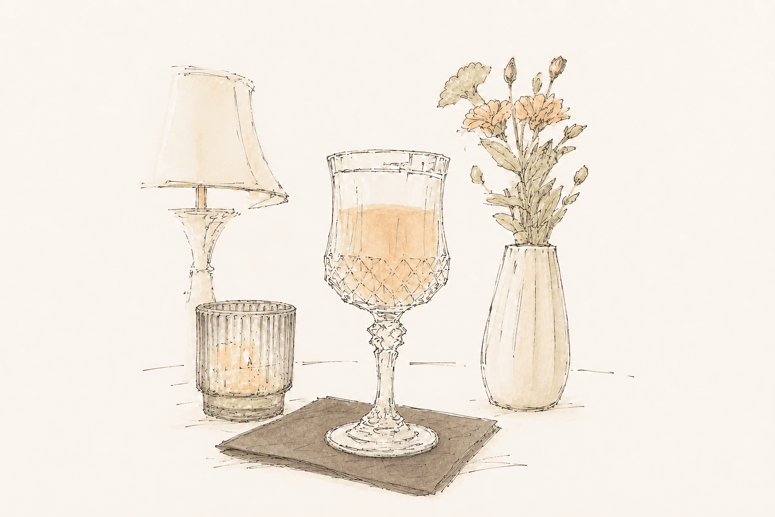 A watercolor cocktail in a crystal glass beside candlelight and flowers.