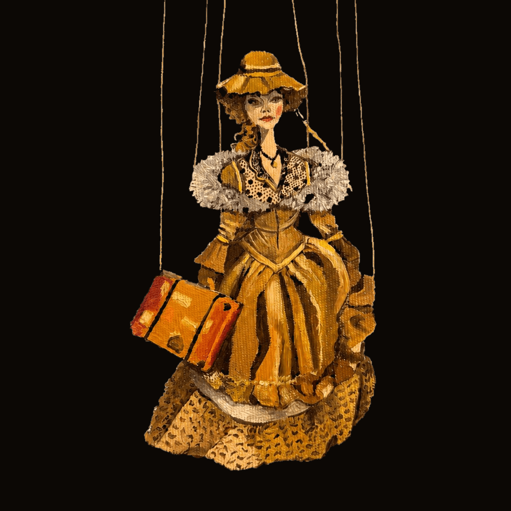 A painted marionette — an elegant traveler in a golden gown and wide-brimmed hat, a suitcase in hand, suspended from her strings.