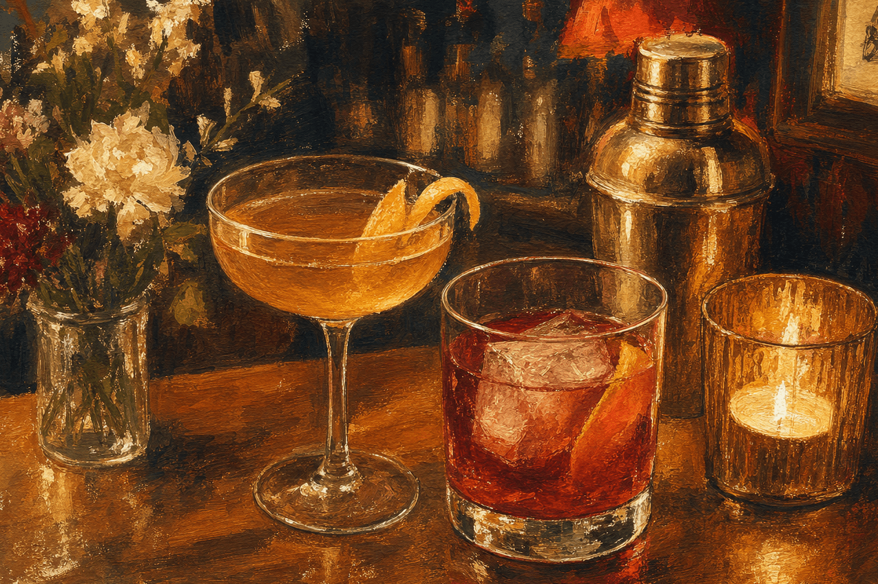Two painted signature cocktails beside a brass shaker and candlelight on the WarrenPeace bar.