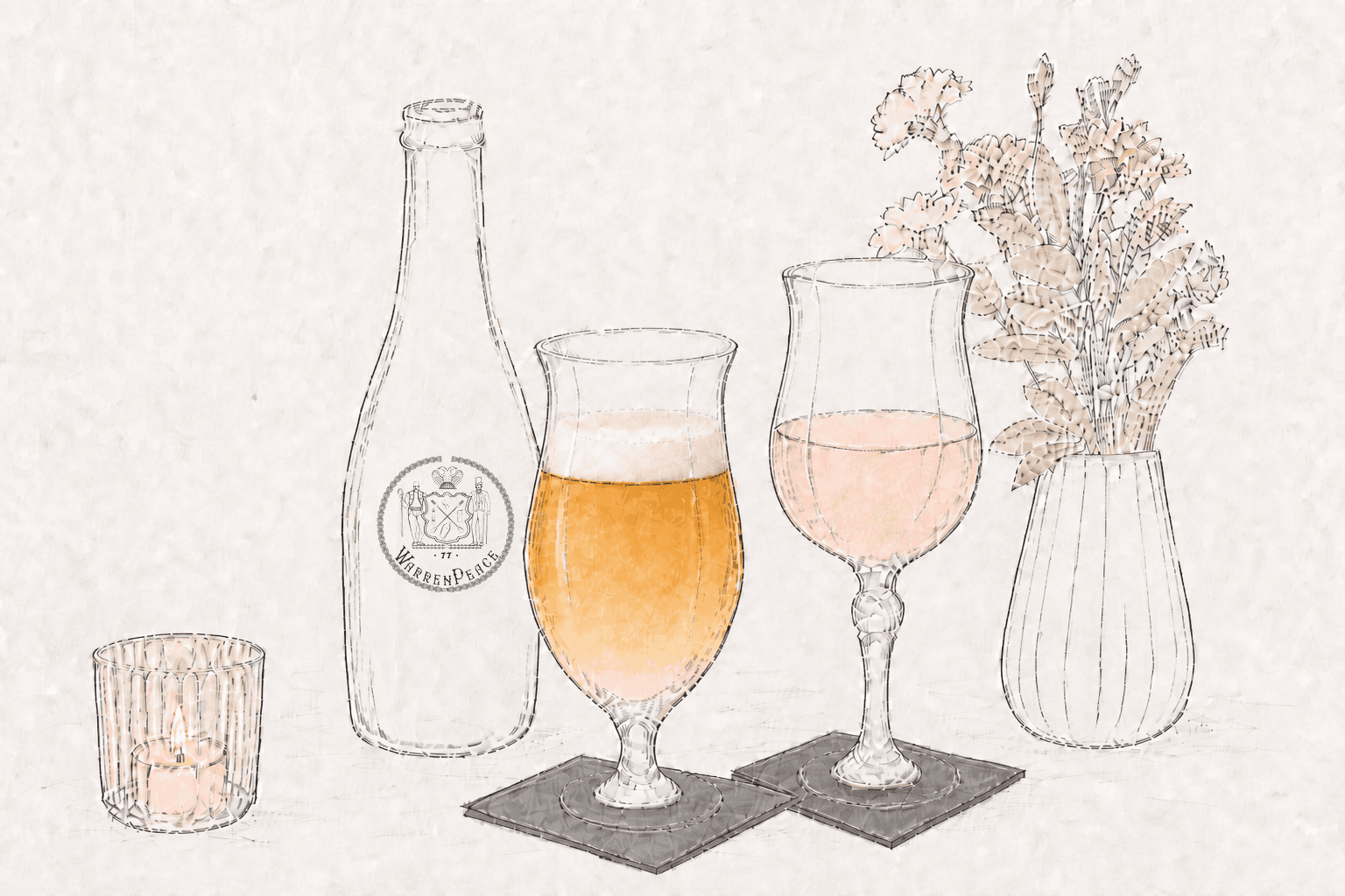 A line-art still life of beer and rosé on gray cocktail napkins beside a WarrenPeace bottle, candlelight, and flowers.