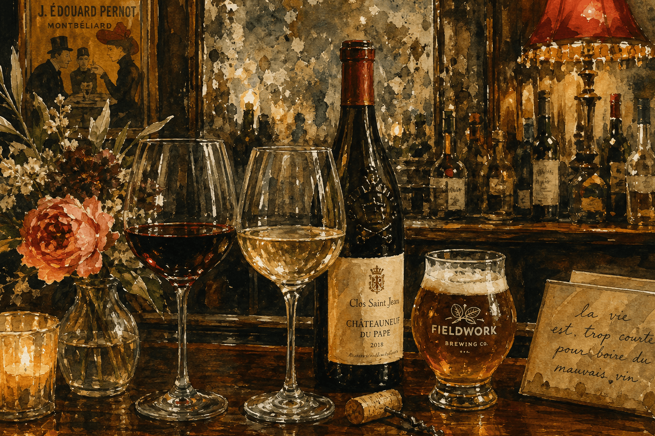 A painted still life of red and white wine and a craft beer on the walnut bar.