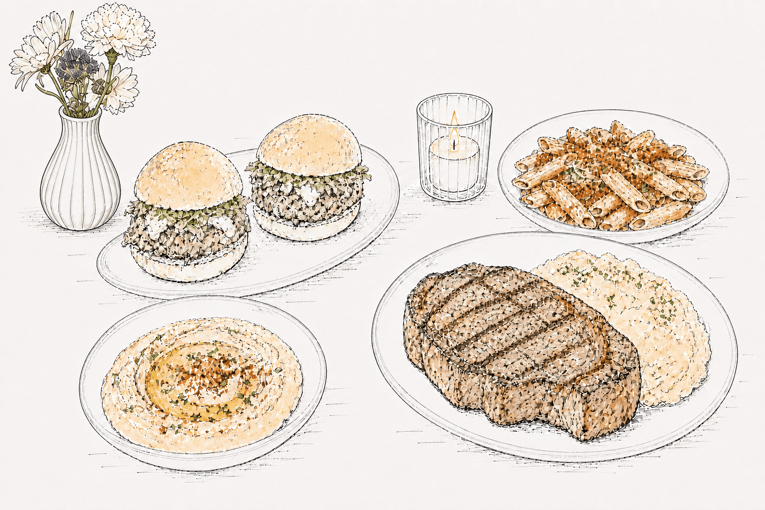 A line-art spread of sliders, pasta, hummus, rib eye, and mashed potatoes.