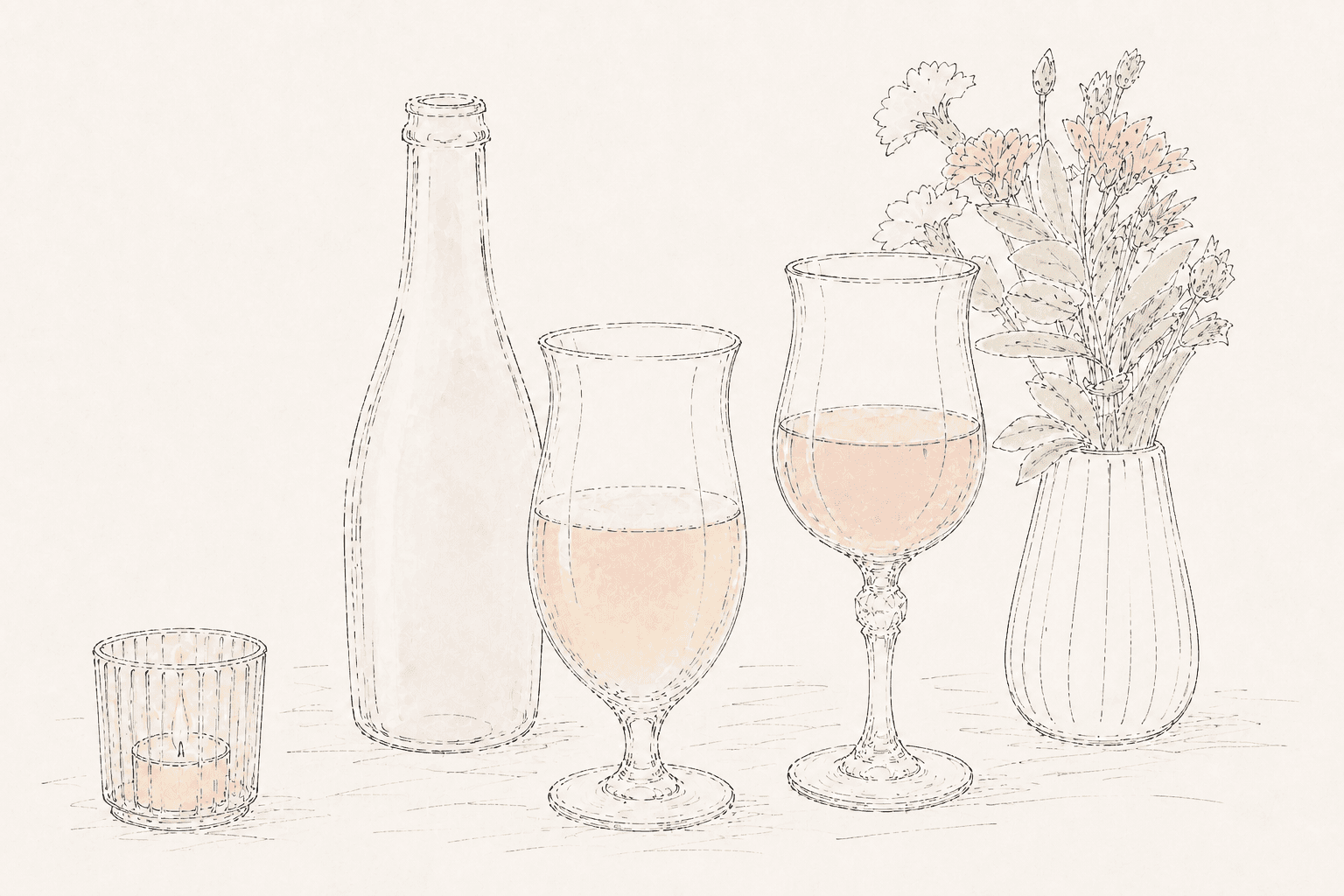 A line-art still life of white and rosé wine beside candlelight and flowers.