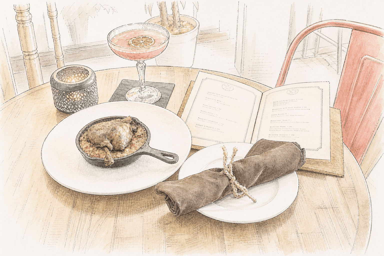A line-art dinner setting with a skillet dish, cocktail, candle, and open menu.